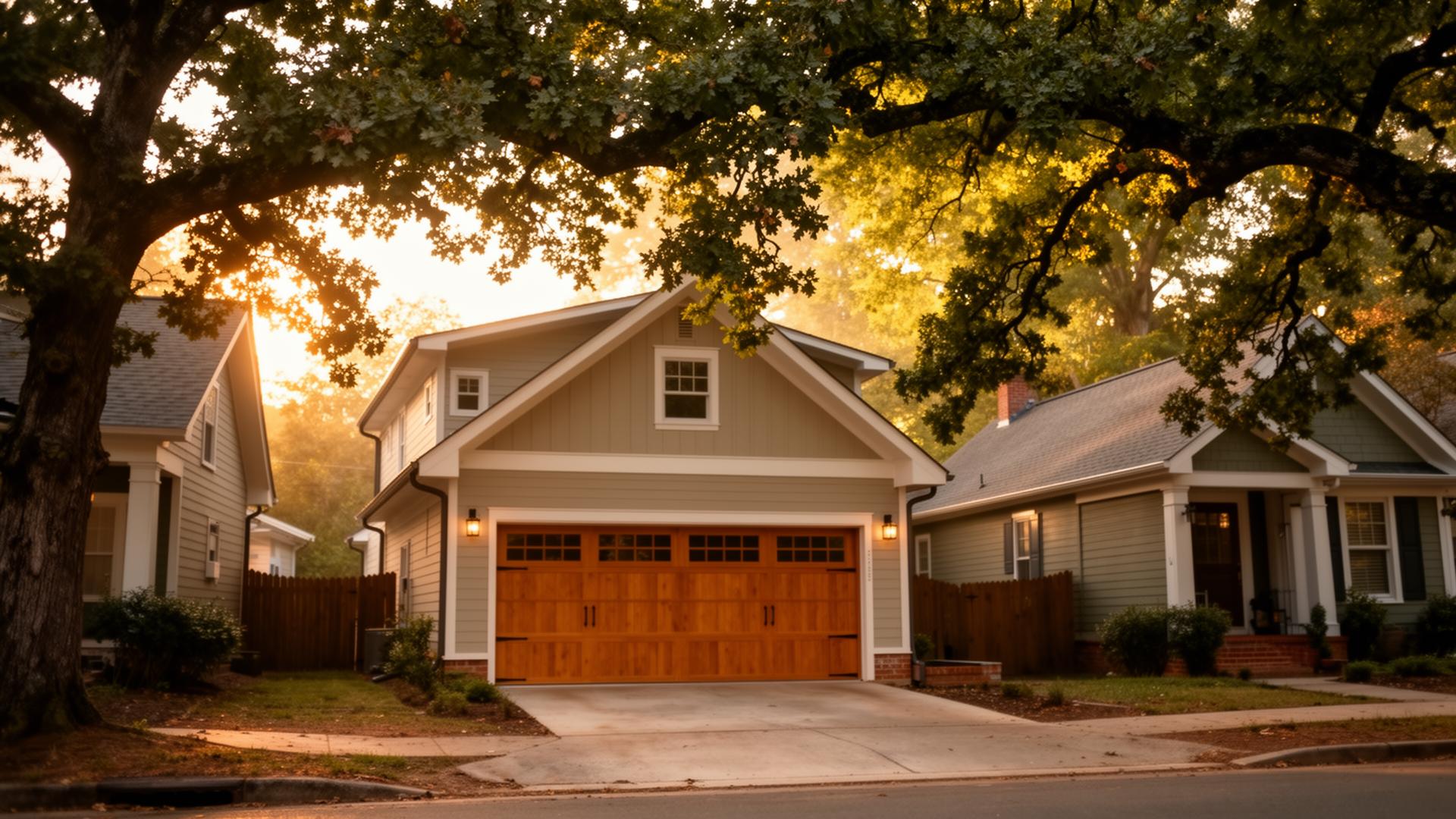 Craftsman home in Carrboro, NC with a wooden carriage-house garage door at golden hour